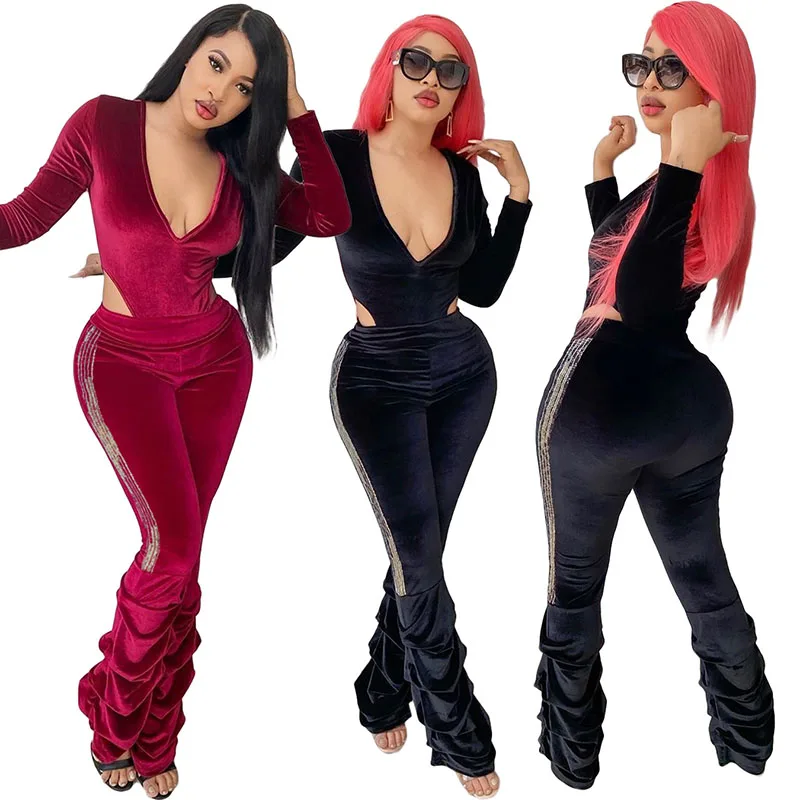 

Autumn New Women's Suit European and American Women's Flannel Jumpsuit Sequined Pleated Pants Sexy Two-Piece Set