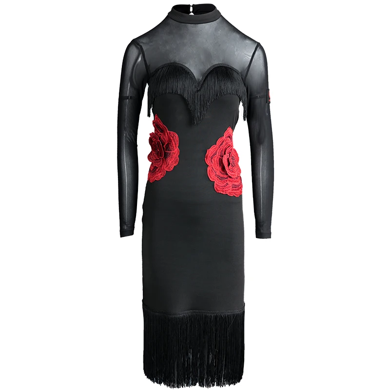 Long sleeve Платье для латинских танцев, черное, без рукавов, с принтом розы, с кисточками, платья для самбы, ча, салао, для танцев, для соревнований, одежда для выступлений, DNV10189 - Цвет: Long sleeve