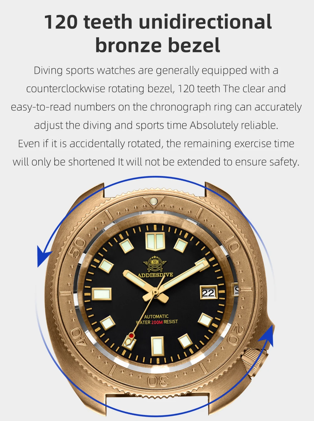 Addies Dive 2104 CUSN8 Men Bronze Watch Brown Leather Strap NH35 Automatic Watch Gold Polished Case 200m Diving Watches