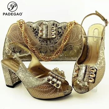 

2020 INS New Design Golden Color Italian Women Shoes and Bag to Match Mature Style Matching Shoes and Bag Set for Party