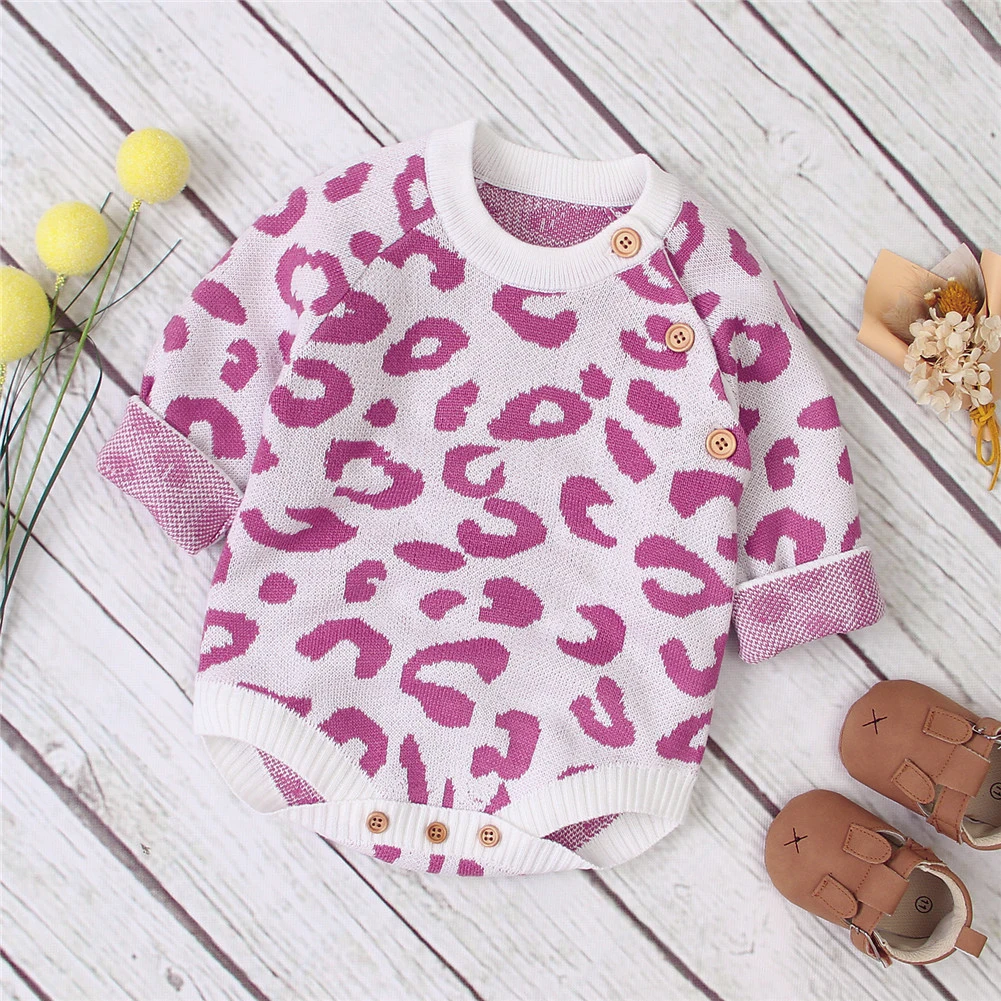 Newborn Baby Winter Warm Knitted Sweater Leopard Romper Boy Girl Long Sleeve Autumn Clothes Jumpsuit Outfit 0-18M