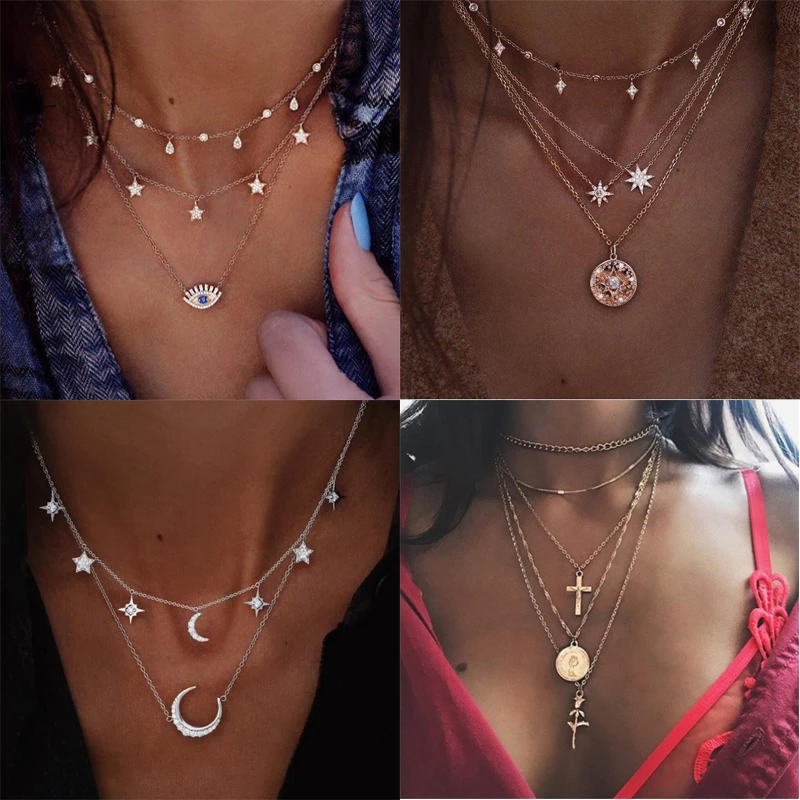 Bohemian Crescent Moon Star Multi layered Necklaces For Women Choker Vintage Coin Cross Pendant Necklace Statement Jewelry 2024