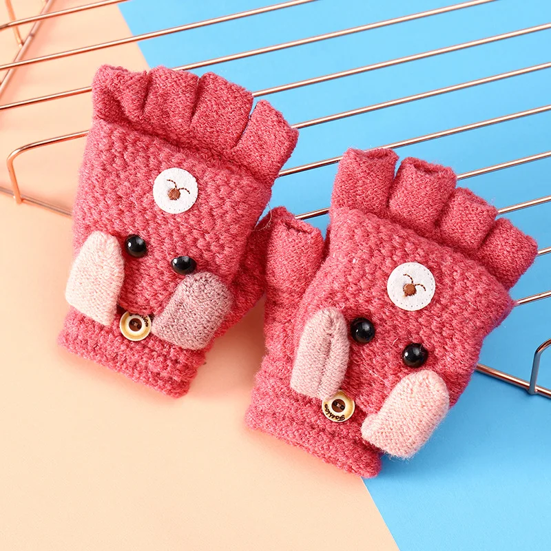 1 Pair Winter Kids Mittens Warm Thick Gloves Girls Boys Children's Mittens Knitted Cute Cartoon Half Finger Flip Cover Gloves