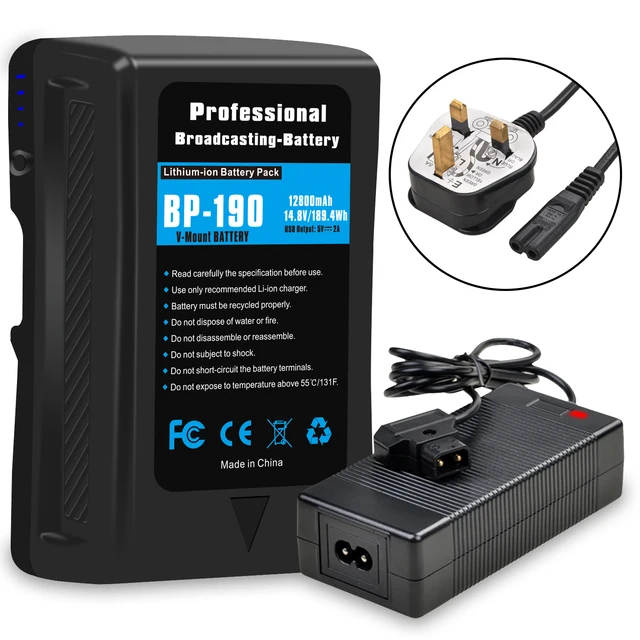 BP-190 V Mount Battery With D-Tap Charger for Sony Broadcast Camcorder HDCAM XDCAM BL-BP150 BP-150S LED Video Light Battery  UK Charger