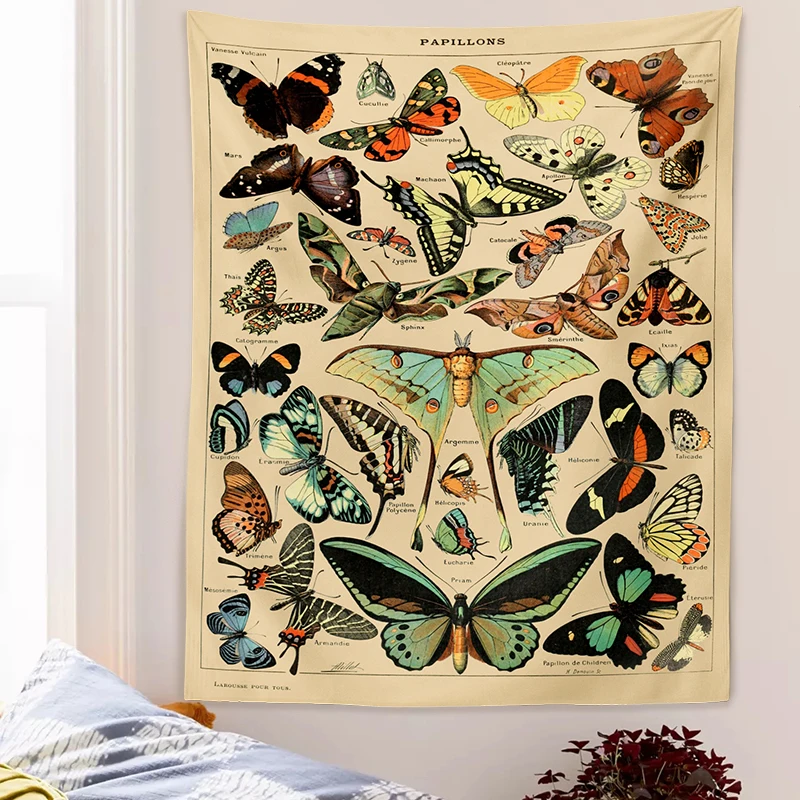 Tapestry Decorations Butterfly Illustration Chart Tapestry Vintage Aesthetic Colorful Wall Hanging