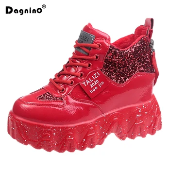 

Women Chunky Sneakers 2020 Spring 8CM Thick Bottom Dad Hidden Shoes Platform Shoes Shining Red Ladies Breathable Casual Shoes