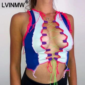 

LVINMW Sexy Hollow Out Lace Up Cross Skinny Crop Top Fashion Contrast Patchwork Sleeveless Tank Top Female Streetwear Club