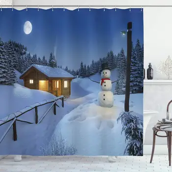 

Christmas Shower Curtain, Wooden Rustic Log Cottage Scenery in The Winter Season Warm Moonlight Spirit, Cloth Fabric Bathroom