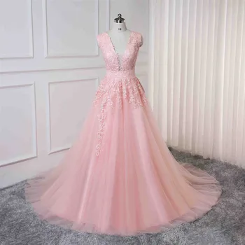 

Vestidos de baile Pink A-line Prom dresses vestido de noite V-neck elegant cheap long Lace appliques prom dress