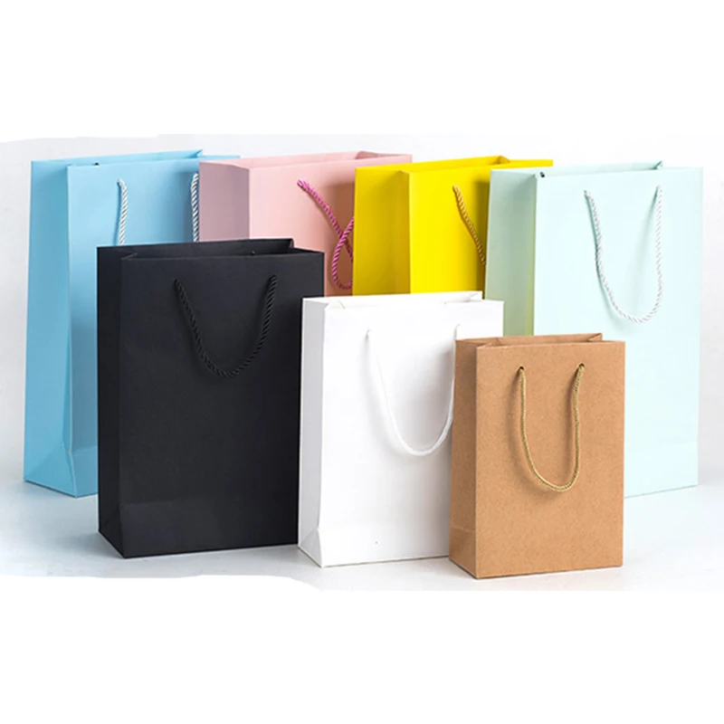 

10 pcs White Pink Purple Sky Blue Coffee Kraft paper Gift bag with handle wedding birthday party gift package bags