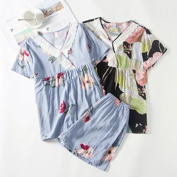 

Korean Style Cute Sweet Cotton Short-sleeved Shorts Home Suit Plus Size Loose Style Home Sleepwear Two Piece Set Women Pyjama