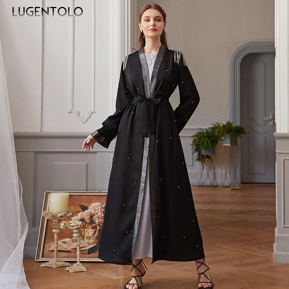 Lugentolo Elegant Women Vintage Dress Silver Silk Nail Bead Epaulettes Cardigan Fashion Muslim Black Abaya Simple Maxi Dresses