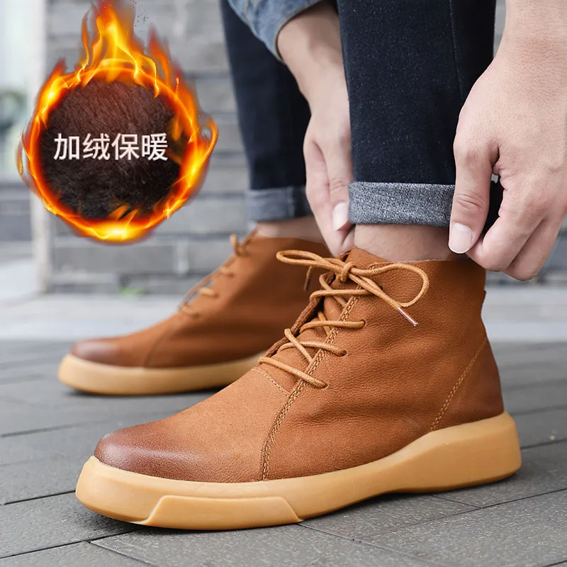 Зимние брендовые ботинки; мужские кожаные ботинки; теплые ботинки в байкерском стиле; осенние уличные ботинки; размеры 38-47