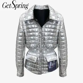 

GetSpring Women Parka Silver Woman Winter Coats And Jackets Thickened Women Jackets Coats Fashion Slim Ladies Parkas 2020 New