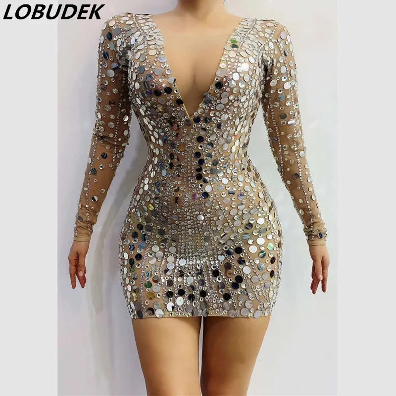 Sexy Vneck Sparkly Rhinestones Sequins Dress Women Birthday Party