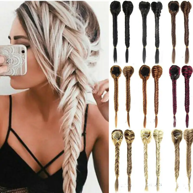 

2020 Newest 50cm Women Lady Celebrity Clip In Ponytail Braid Plait Fishtail Hair Extension Drawstring Hand-Woven Fishtail Braid