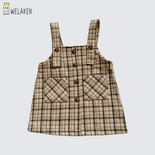 Welaken/клетчатое платье на бретелях платья для маленьких девочек с карманами и пуговицами, детское платье зимнее платье для девочек Детские платья для девочек