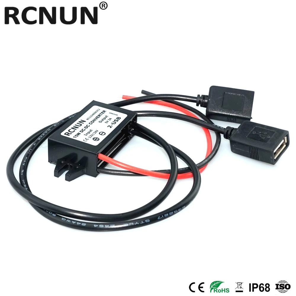 RCNUN 8-32V 12V 24V to 5V 3A CAR Charger DC DC Step Down Converter Dual USB  Buck Power Supply for Mobile Phone iPad MP4 MP3 GPS