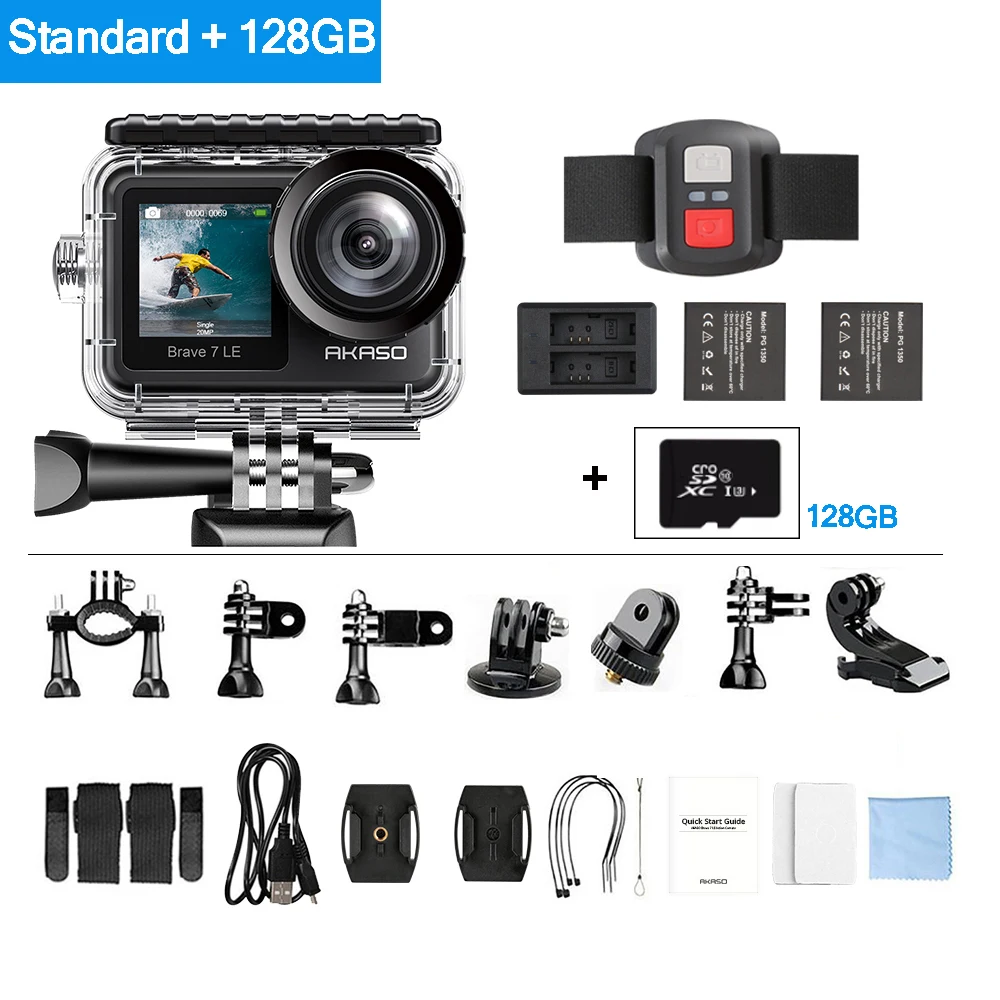 action camera with longest battery life AKASO Brave 7 LE 4K30FPS 20MP WiFi Action Camera 4K Touch Screen Vlog Camera EIS 2.0 Remote Control Sports Camera Waterproof Cam light action camera Action Cameras