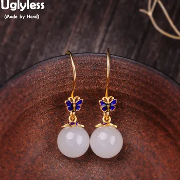 

Uglyless Ethnic Enamel Butterfly Earrings for Women Nature Jade Balls Dangle Earrings Gold Real 925 Silver Brincos Jewelry E1501