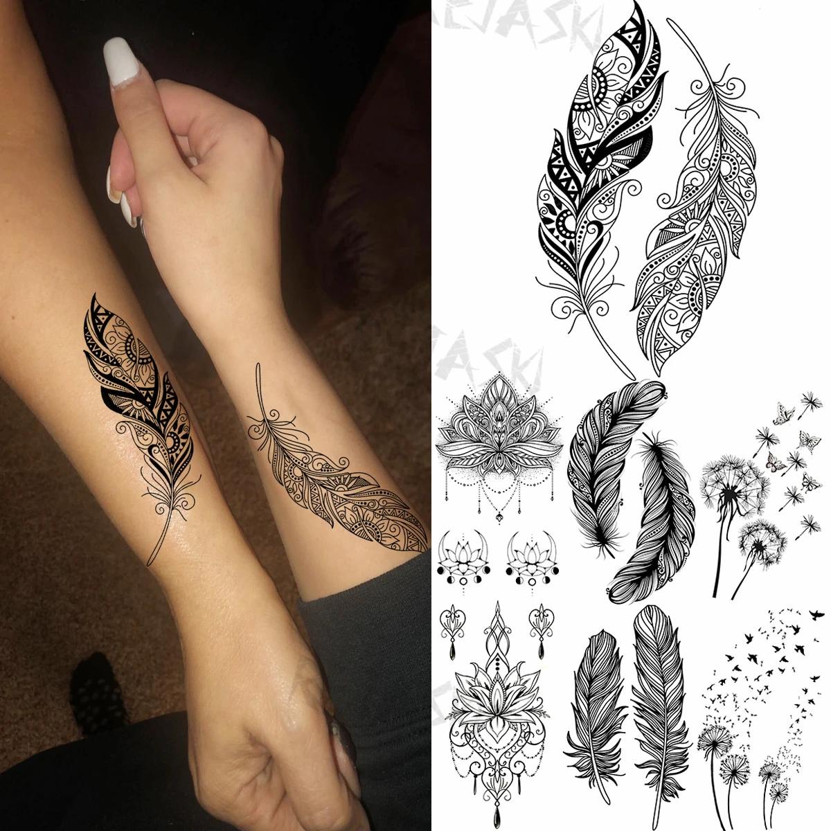 Realistic Henna Feather Temporary For Women Pendant Dandelion Fake Tattoo Waterproof Body Art Painting Tatoo Decal - Temporary Tattoos - AliExpress