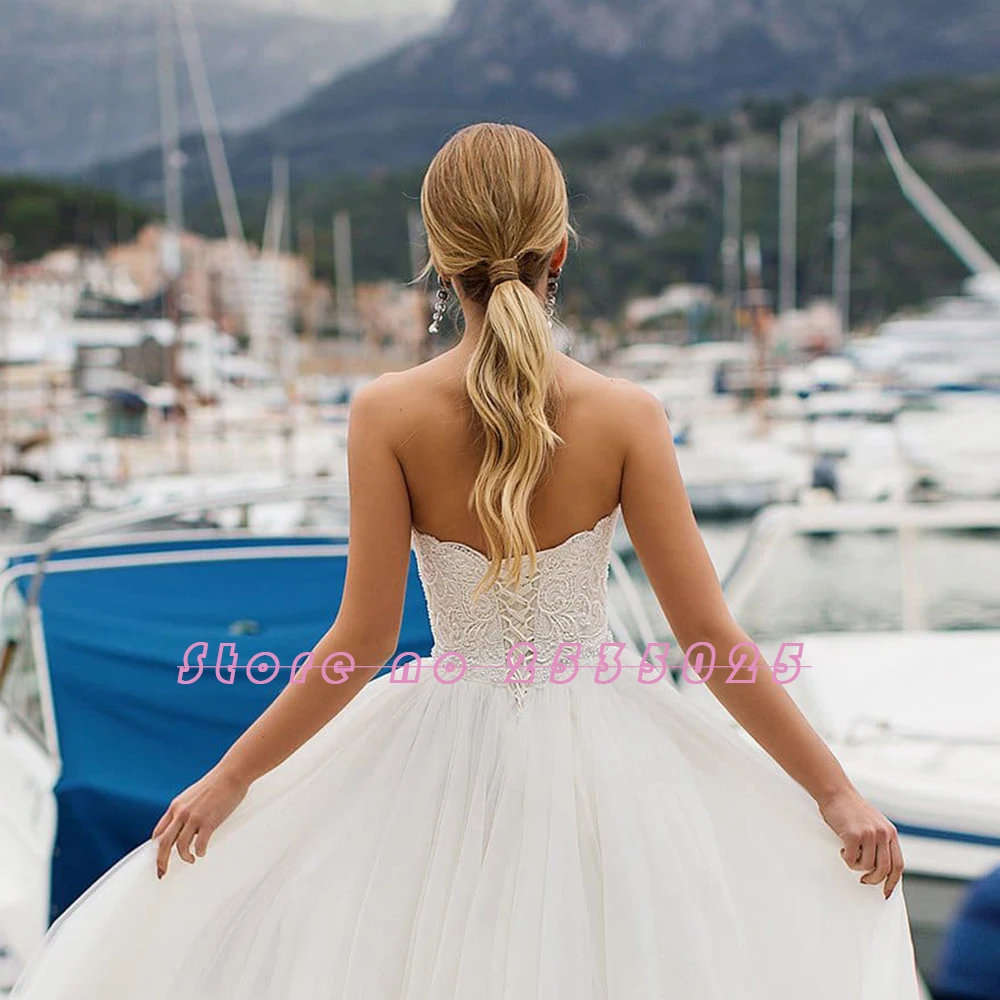 Тюлевые Свадебные платья Vestido Casamento аппликация бисером, жемчужины возлюбленной шеи на шнуровке свадебные платья