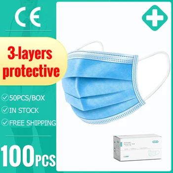 

100 pcs of 3-layers Disposable Protective Mask Melt Blown Cloth Protective Layer Multi-purpose Light and Thin Breathable Mask
