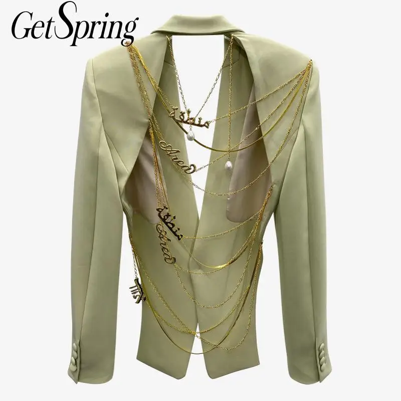 GetSpring Женский блейзер на одной пуговице с длинным рукавом пальто металлическая