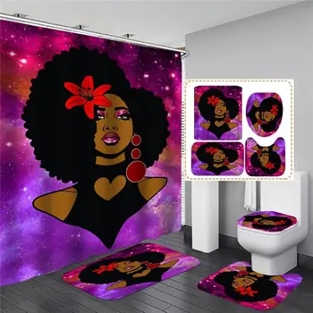 

Girl Shower Curtain Bathroom Decor 4pcs Non Slip Toilet Polyester Cover Mat Set