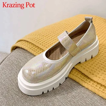 

Krazing pot new colorful cow leather hook loop round toe superstar thick bottom elegant women big size fashion leisure pumps L42