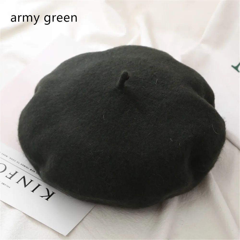 army green 1 шт. шерстяной берет, шапки для женщин, французская шапка для девушек, чистый цвет, Осень-зима, берет, плоская кепка, шапка, фетровые береты, зимняя шапка для рыбалки - Цвет: army green