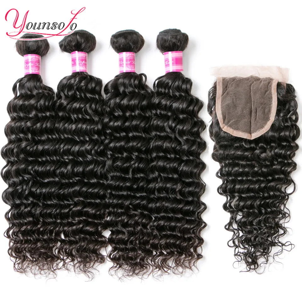

Younsolo Brazilian Deep Wave Bundles With Closure Remy Human Hair Weave Bundles With Lace Closure Natural Color Hair