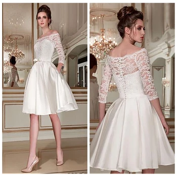 

Pretty 3/4 Long Sleeves Lace A Line Wedding Dresses Knee Length Bridal Gowns With Buttons Back Formal Short Bride Wedding Wear