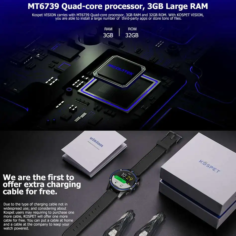 2019 New KOSPET Vision Smart Watch Phone 1.6'' 4G LET 5.0MP Dual Camera GPS Sport Watch 3GB 32GB Men Smartwatch For Android iOS
