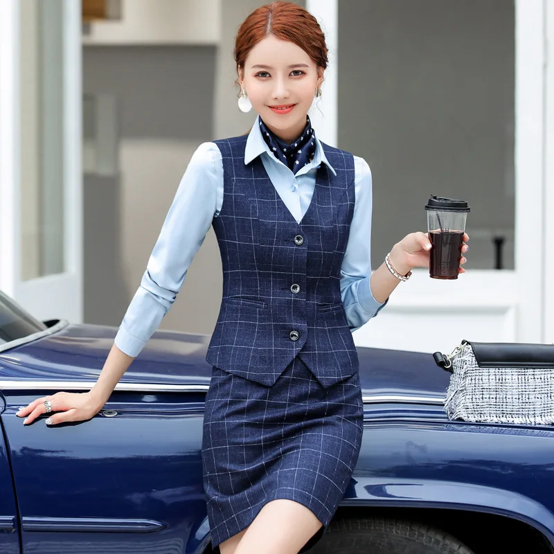 

IZICFLY New Style blue plaid women suits Skirt And Tops Vest Uniform Formal ladies waistcoat suits office clothes Wear For Work