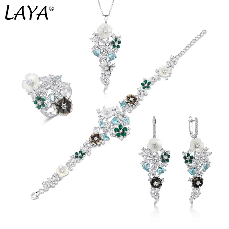 Laya argento Sterling 925 zircone di alta qualità conchiglia naturale fiore orecchini pendenti anello collana set di braccialetti per gioielli da donna