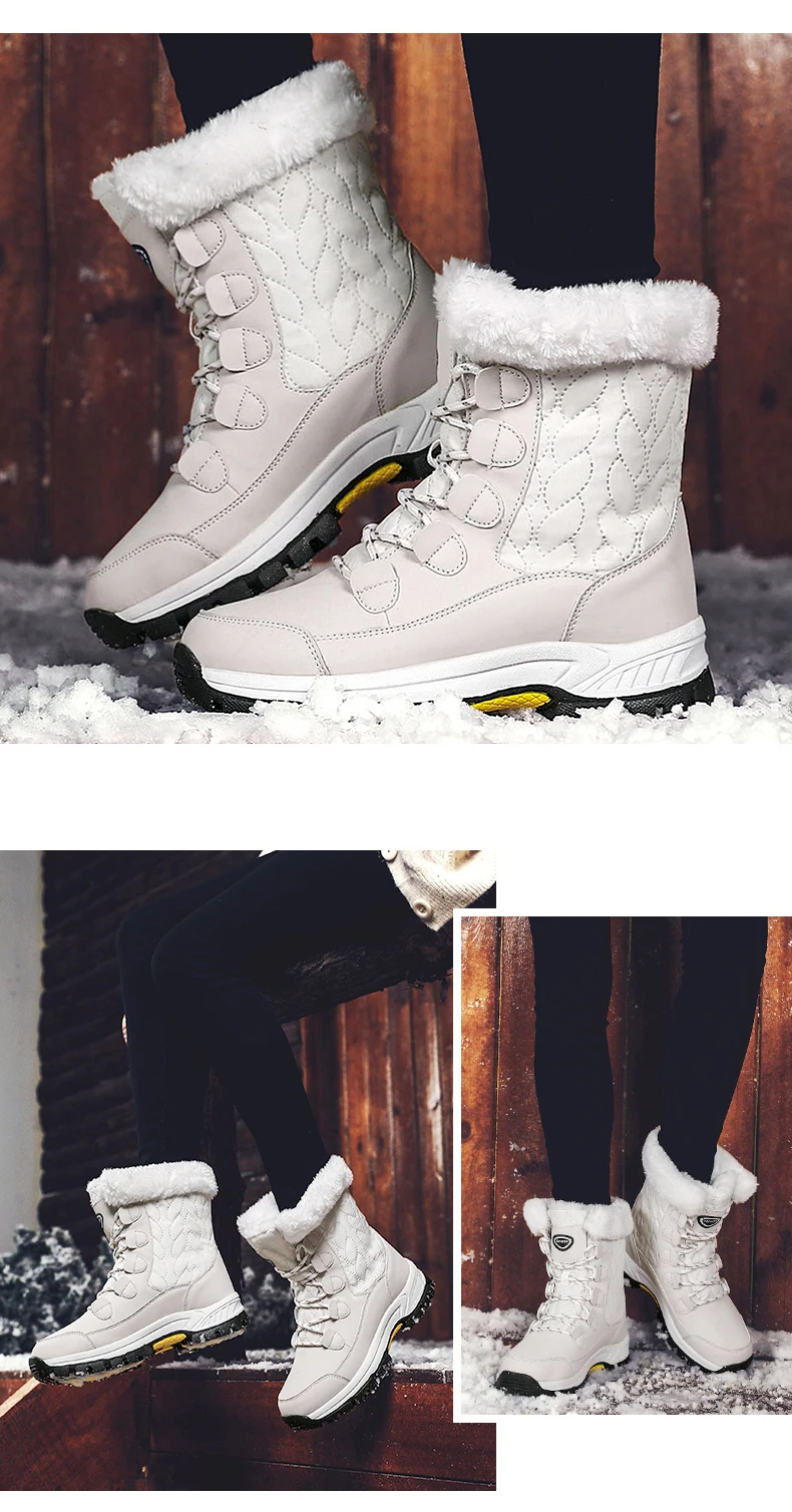 Женские ботинки; Сезон Зима; водонепроницаемые высокие кожаные ботинки на шнуровке с толстой подошвой; теплые женские лыжные ботинки на меху с большой плюшевой стелькой