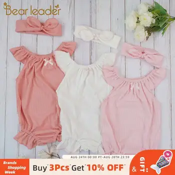 

Bear Leader Baby Girls Romper 2020 New Fashion Summer Bodysuits Stringy Selvedge Knitted Cuff Costumes with Headband for 3-18M