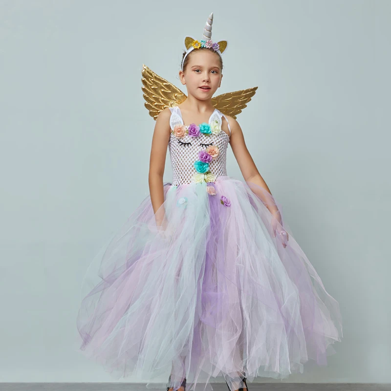 Girls Pastel Unicorn Flower Tutu Dress Princess Kids Pageant Party Tutu Dress with Headband wings Children Tulle Dress Ball Gown (2)