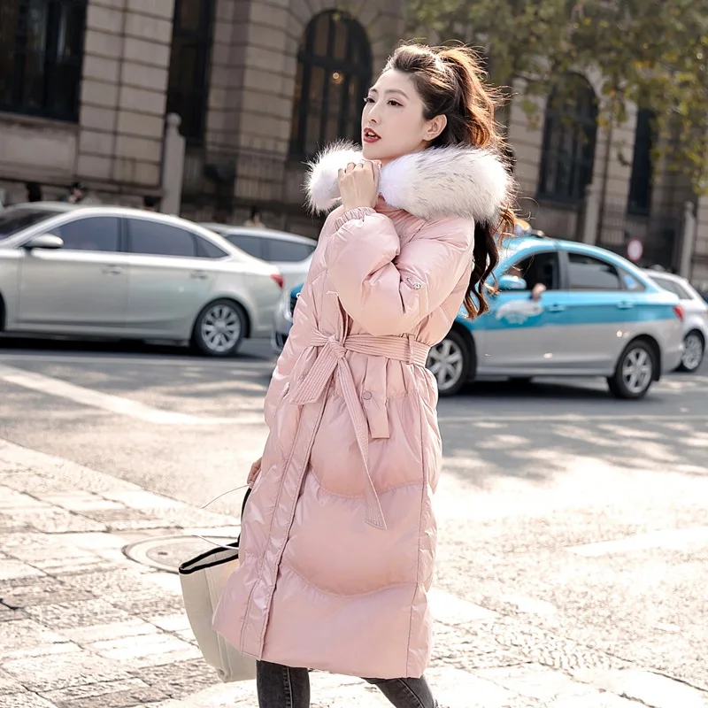 Pink AYUNSUE, женский пуховик,, длинный, зимний, белый, утиный пух, пальто с капюшоном, енот, меховой воротник, корейский пуховик, одежда KJ3535 - Цвет: Pink