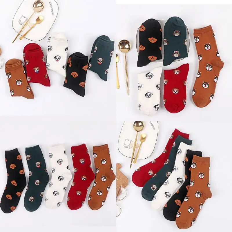 5 пар, женские носки Kawaii с изображением животных, милые носки в горошек с изображением щенка, чулочно-носочные изделия, подарки