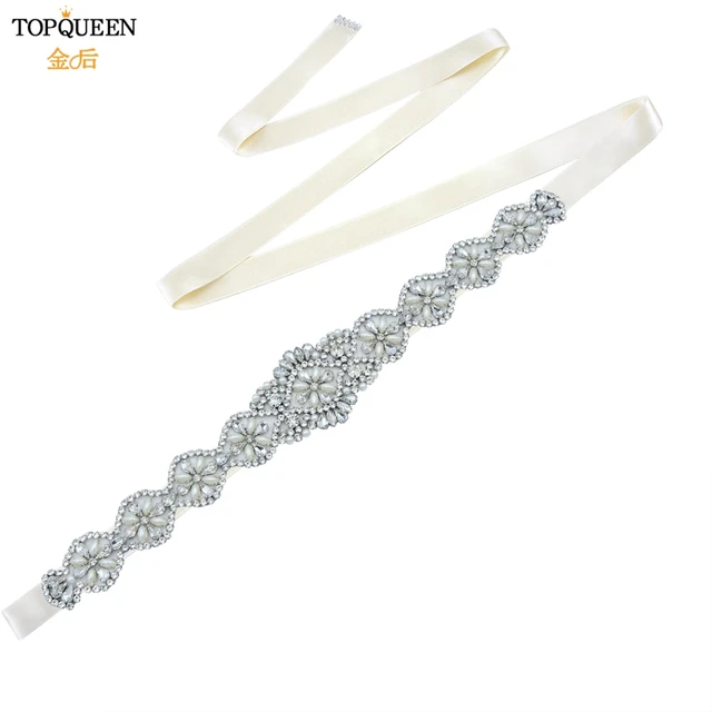 TOPQUEEN S161 White Wedding Belts Silver Rhinestone Belt Accessories for Bride Crystal Formal Dress Belt Gown Sash Bridal Belt Ivory Ribon