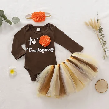 

Baby Set 3pcs 0-24M New Spring Baby Girl Long Sleeve Cartoo Letter Print Romper Skirts Thanksgiving Casual Outfits Set