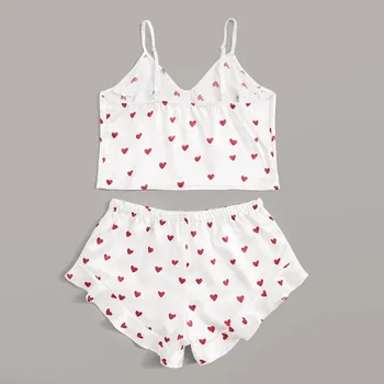 

New Pijamas Women Summer Sexy Lingerie Heart Print Satin Sleeveless Cami Top Pajama Sets Sleepwear Lingerie Set d2