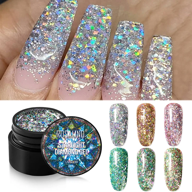 

ROSALIND Silver Gold Gel Nail Polish Glitter Sequins Semi Permanent Varnish Soak Off Base Top UV Led Gel Polish DIY Nail Art