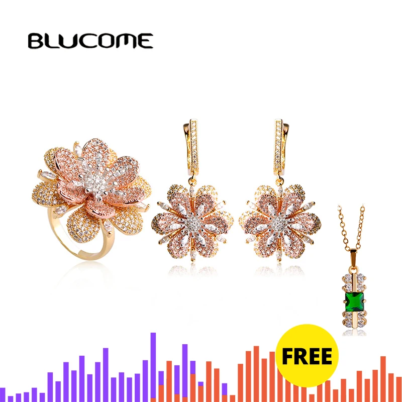 Blucome роскошные стразы, серьги в виде цветка, набор колец, полный набор Цирконий, два тона, ювелирные наборы для женщин и девушек, d-крючки, аксессуары для ушей