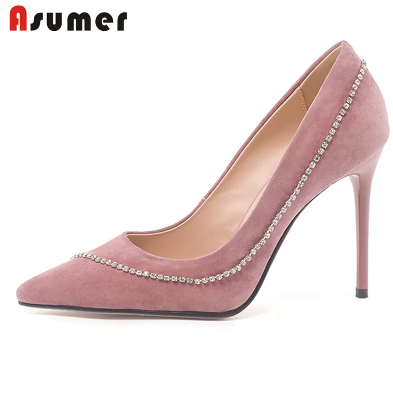 

ASUMER 2022 New Arrive Pink Pumps Women Shoes Suede Leather Pointed Toe Crystal Slip On Sexy Thin High Heels Ladies Party Shoes