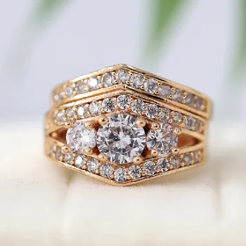 

2pcs 18k Gold Plated Ring Set CZ Ring Set Half Eternity Diamonds Wedding Ring&6mm Round Cut Topaz Ring Set Engagement Ring Set