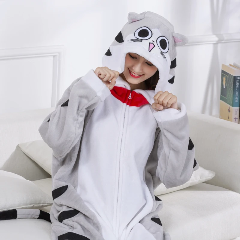 Chi Cat Pajamas Onesies For Adults Women Kitty Pijamas Flannel Anime Kigurumi Men One-Piece Sleepwear Full Body Cosplay Costume