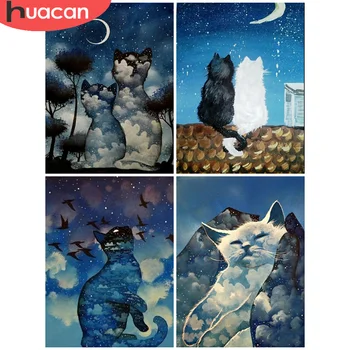 

HUACAN Diamond Painting Cat Rhinestones Pictures DIY Animal Diamond Embroidery Mosaic Moon Home Decoration